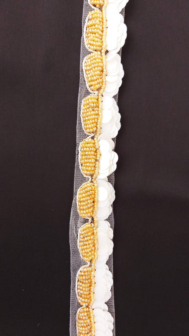 White Net Lace With Off White Sequins and Gold Beads, Scallop Trim, Exclusive Laces